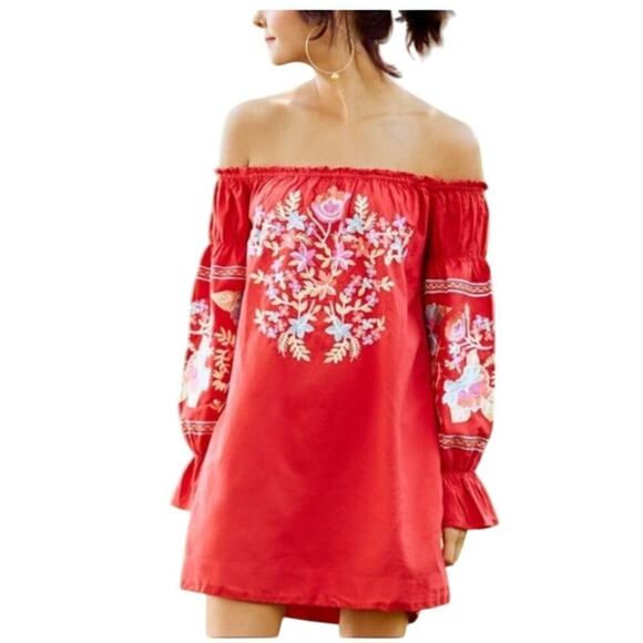 Free People Dresses & Skirts - Free People Off Shoulder Embroidered Boho Dress S Red Floral Festival Gypsy Chic